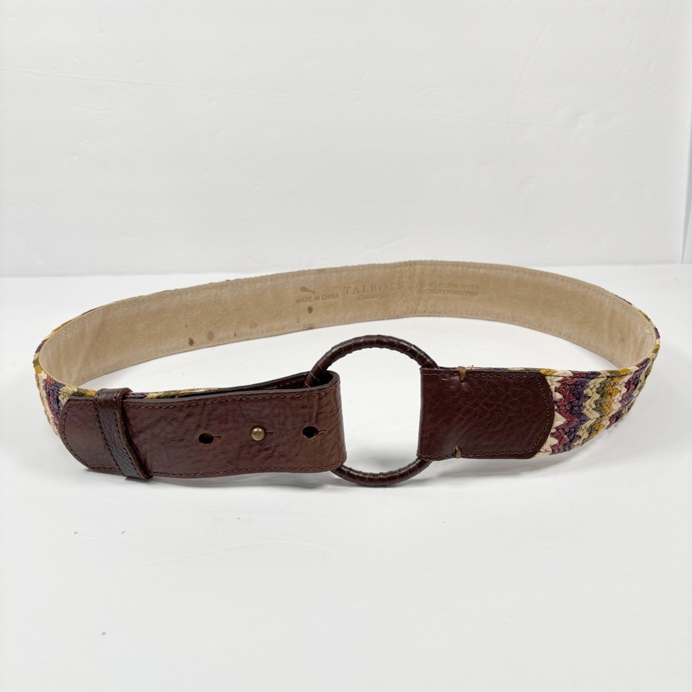 Talbots Women S Belt Woven Chevron Multicolor Leather Trim O-Ring Boho Earthy